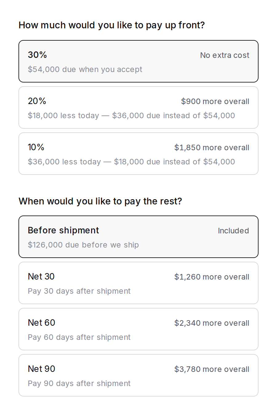 The same two questions, at phone width
