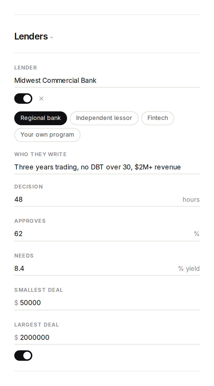 The same lender panel, at phone width